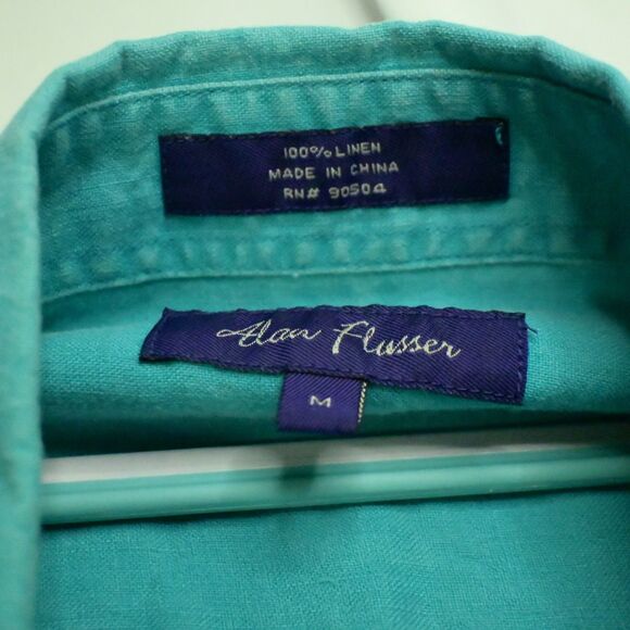 Alan Flusser Mens Medium Blue Button Down Up Linen Short Sleeve Shirt - Picture 3 of 6